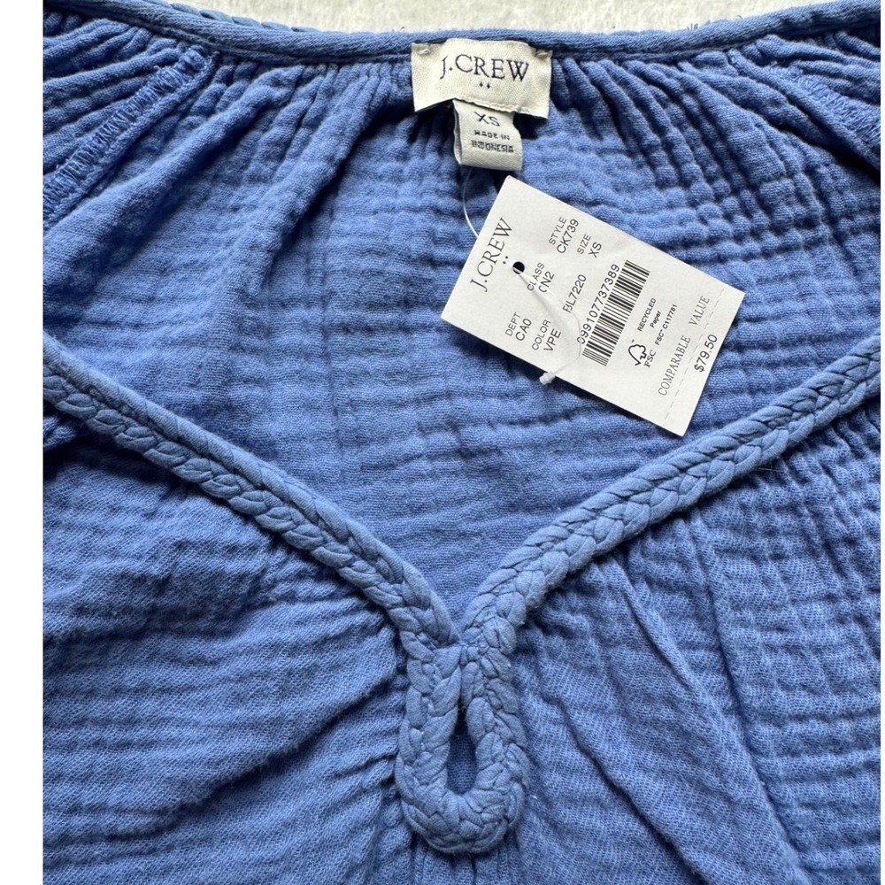 J.Crew Gauze Cotton Peasant Blouse Top XS Blue Boho Coastal Chic Euro Summer - Picture 6 of 9
